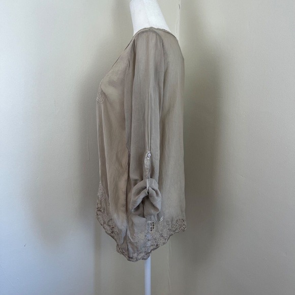 Johnny Was Embroidered Georgette Top Roll Tab Long Sleeve Small Grey Cupra Lace - Picture 2 of 13